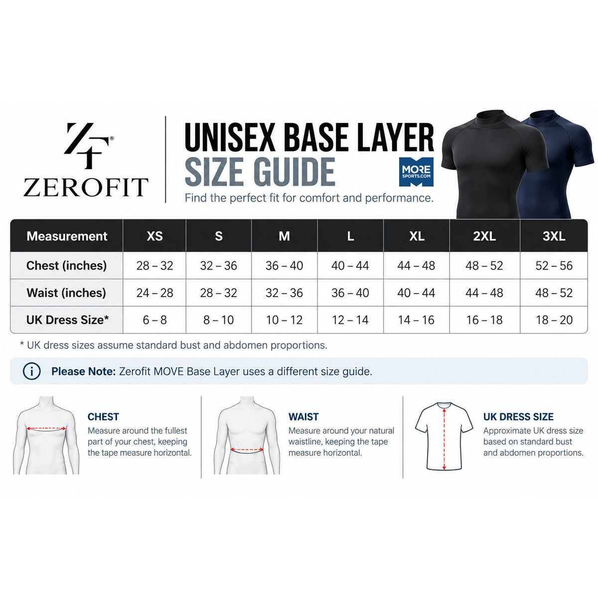 Zerofit Unisex Base Layer Size Guide