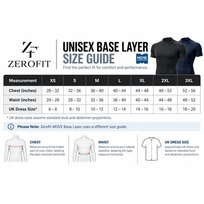 Zerofit Unisex Base Layer Size Guide
