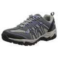A grey and blue athletic shoe rests on a flat surface showcasing a mesh and rubber construction designed for outdoor activities featuring a textured sole for traction and support.