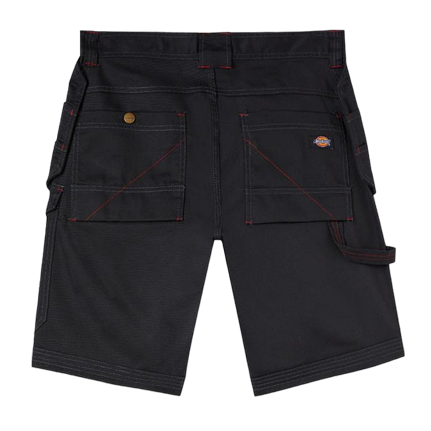 Black cargo shorts with multiple pockets and red stitching hang flat against a plain background emphasizing their durability and workwear style suitable for casual or functional use.