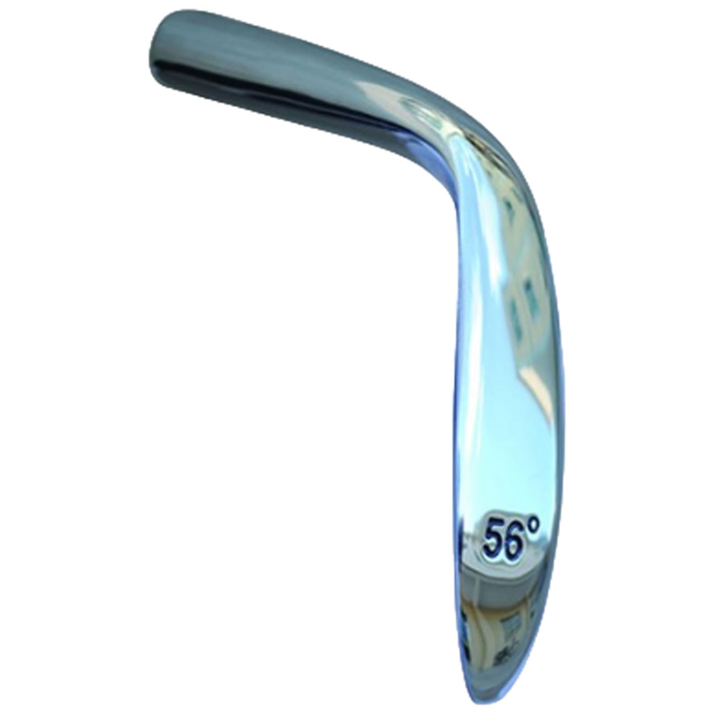 A silver golf club with a bent shaft displays a 56-degree angle marking on the side while reflecting a portion of its surroundings in its polished surface.