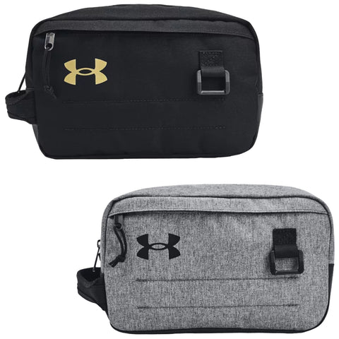 Two rectangular bags are displayed one above the other The top bag is solid black with a gold logo while the bottom bag is gray with a black logo Both have zippers and adjustable straps