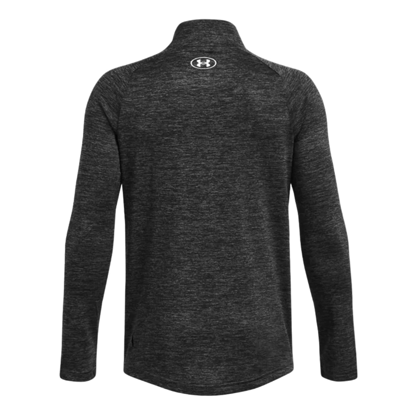 A long-sleeved athletic shirt in dark gray is displayed from the back featuring a high collar and a logo on the upper back suggesting a focus on sportswear or fitness.