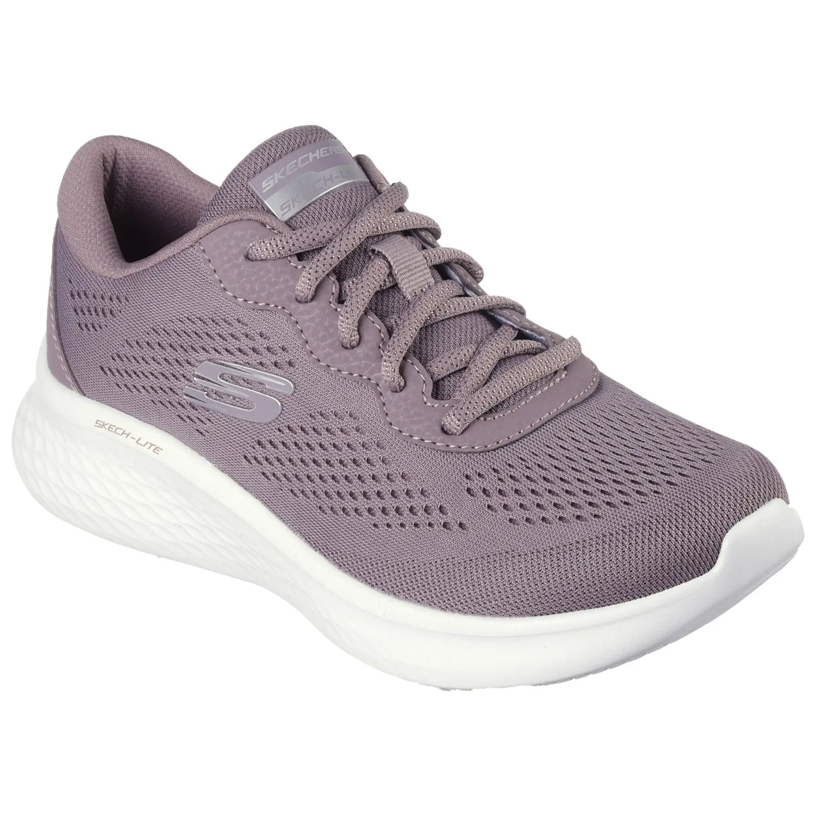A purple athletic shoe features a breathable mesh upper and a cushioned white sole. It is designed for comfort during physical activities, placed against a simple white background.