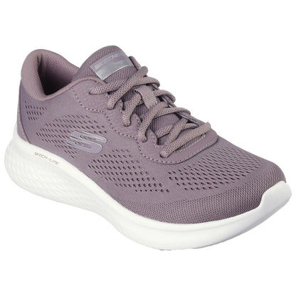 A purple athletic shoe features a breathable mesh upper and a cushioned white sole. It is designed for comfort during physical activities, placed against a simple white background.