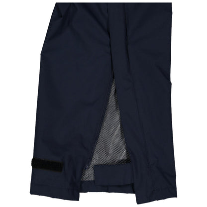 A pair of dark fabric pants is shown with an open zipper on one leg revealing a mesh lining and a velcro strap at the hem edges indicating functionality and style.
