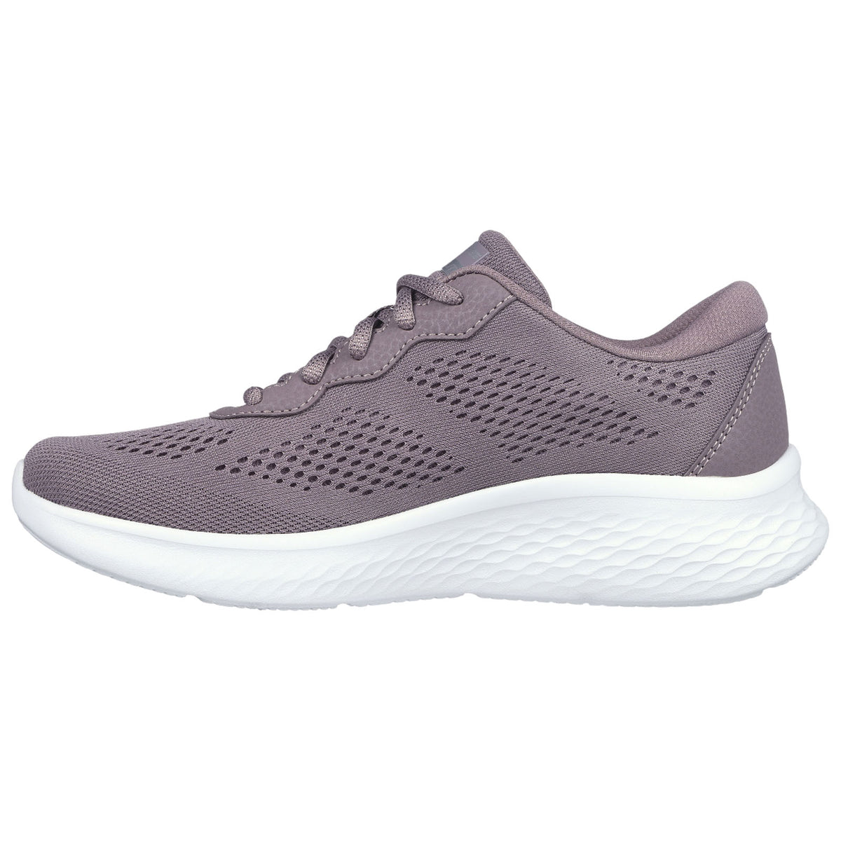 A lightweight athletic shoe features a breathable mesh upper with perforations for ventilation and a thick white sole, suitable for sports or casual wear.