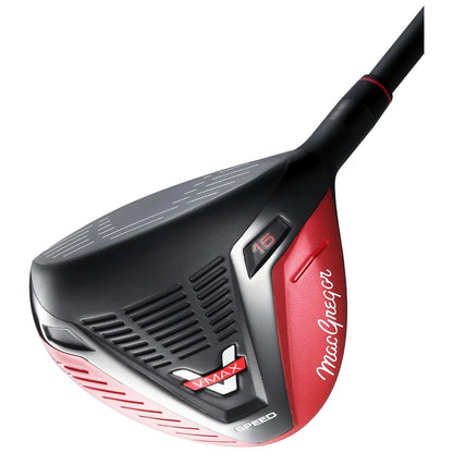 A golf driver club with a black and red design features the brand name MacGregor and the model VMAX. It is angled as if ready for a swing.