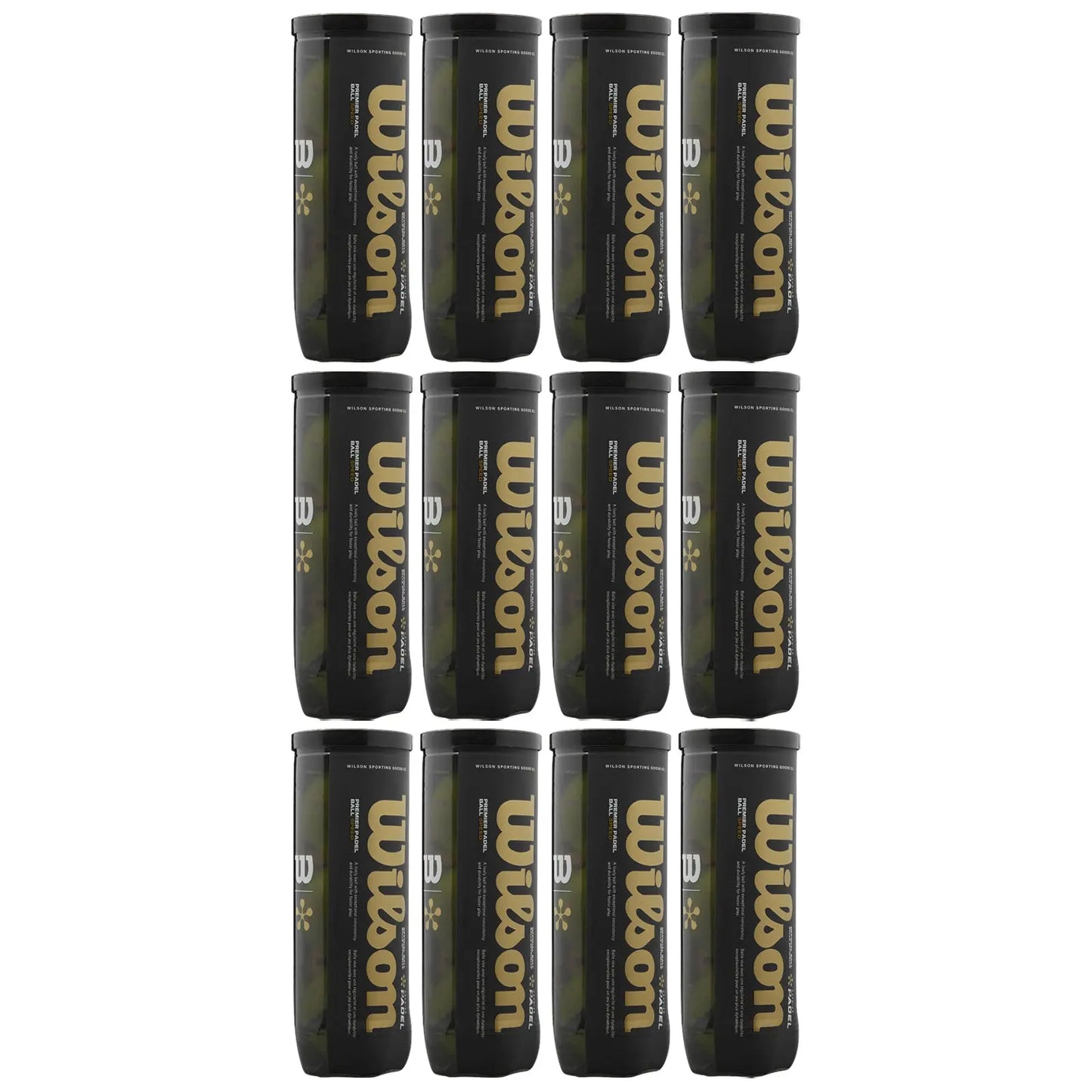 Twelve cylindrical black tennis ball containers are arranged in a rectangular pattern. Each container features the Wilson logo prominently displayed in gold against a dark background.
