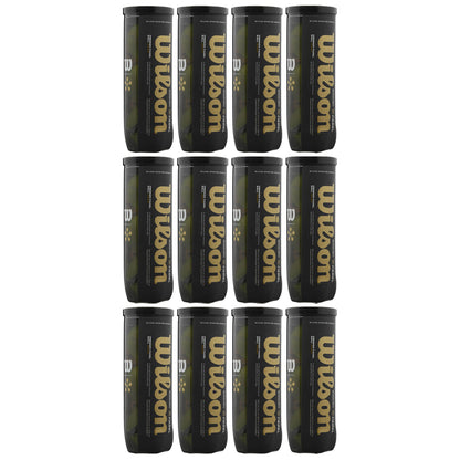 Twelve cylindrical black tennis ball containers are arranged in a rectangular pattern. Each container features the Wilson logo prominently displayed in gold against a dark background.