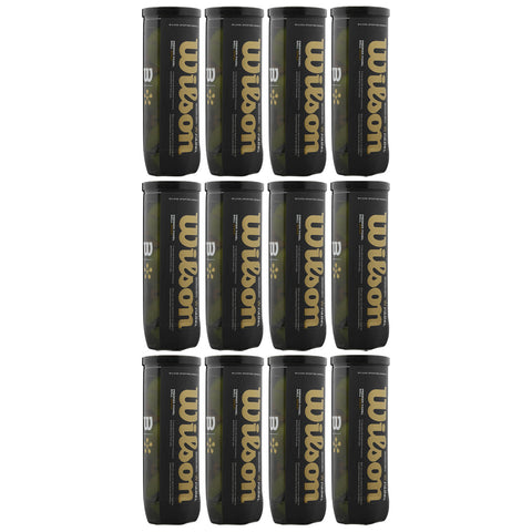 Twelve cylindrical black tennis ball containers are arranged in a rectangular pattern. Each container features the Wilson logo prominently displayed in gold against a dark background.