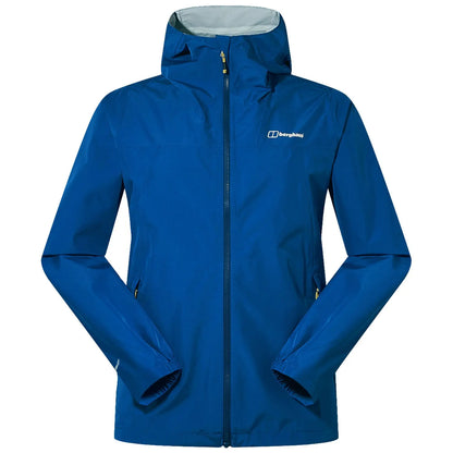 A blue waterproof jacket with a hood is displayed with arms outstretched showing its design. The background is neutral emphasizing the garment's color and features including zippers and cuffs.