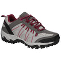 A gray and pink hiking shoe is positioned at an angle displaying mesh and rubber materials with laces and a rugged tread sole designed for outdoor activities in varied terrains.