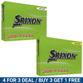 Two boxes of Srixon Soft Feel golf balls in bright green packaging are displayed side by side showcasing the colors Soft White and Tour Yellow with promotional text indicating a deal at the bottom.