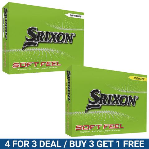 Two boxes of Srixon Soft Feel golf balls in bright green packaging are displayed side by side showcasing the colors Soft White and Tour Yellow with promotional text indicating a deal at the bottom.