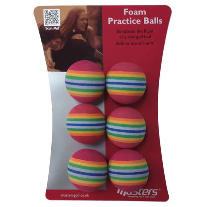 Foam practice balls are arranged in two rows on a card. They are multi-colored with stripes. The context includes promotional text about their use for simulated golf practice at home.