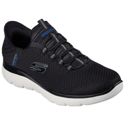 A black sneaker features a breathable mesh upper and a white rubber sole designed for comfort. It has elastic laces and a logo on the side, suggesting athletic use.
