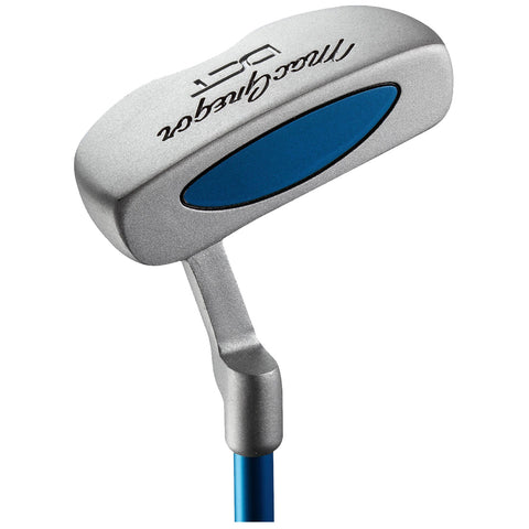 A golf putter with a silver head and a blue alignment line is positioned at an angle, designed for striking a golf ball on a putting green.