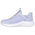 A light purple athletic shoe displays a textured upper with pastel accents and a white, ridged sole designed for comfort and support suitable for exercising or casual wear.