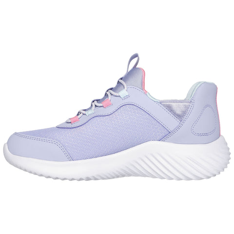 A light purple athletic shoe displays a textured upper with pastel accents and a white, ridged sole designed for comfort and support suitable for exercising or casual wear.