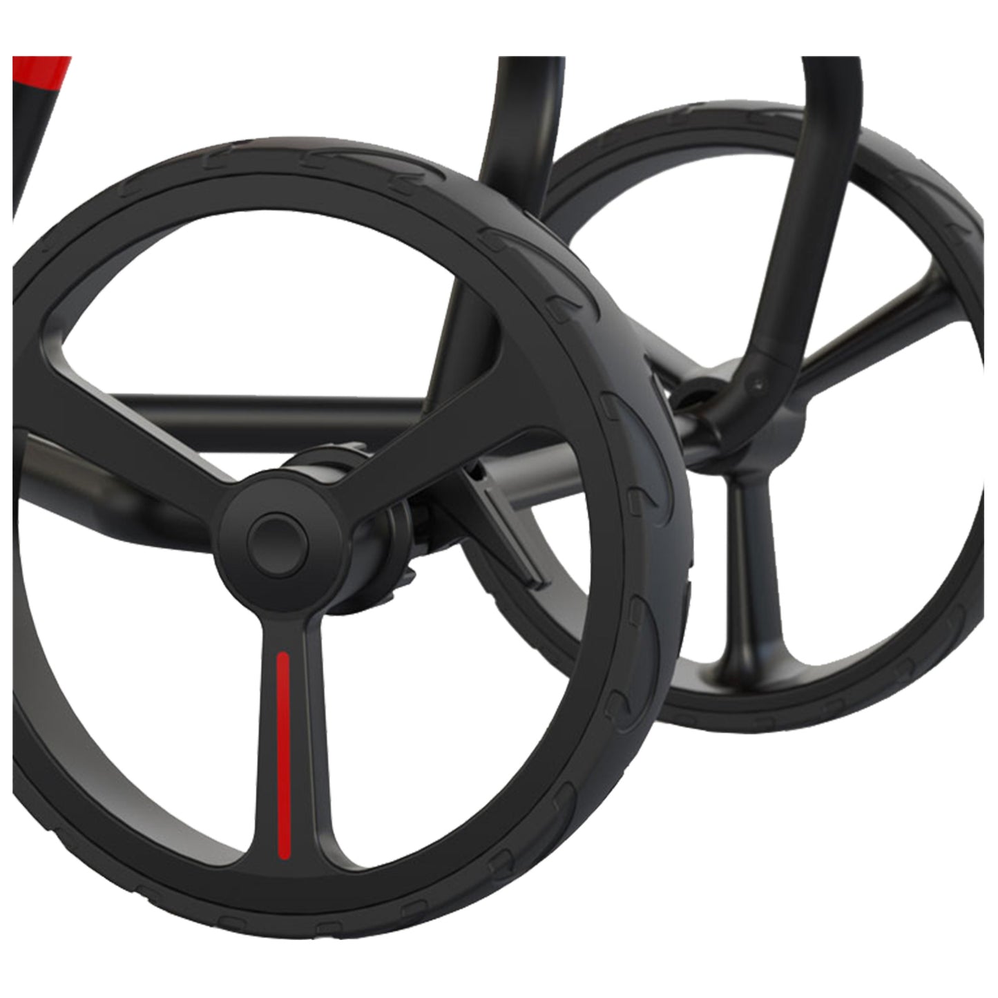 A black wheel is featured prominently with a textured surface and a red line. The wheel is part of a frame, indicating it is designed for movement in a functional context.