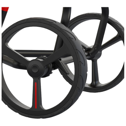 A black wheel is featured prominently with a textured surface and a red line. The wheel is part of a frame, indicating it is designed for movement in a functional context.