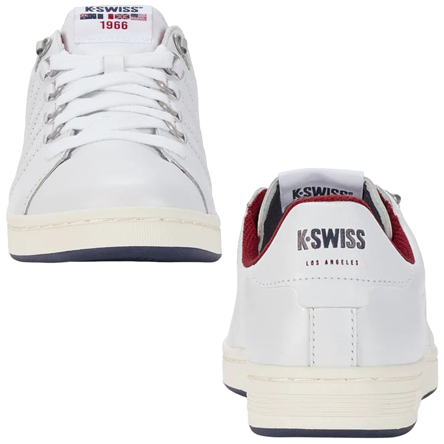 White athletic shoes with laces are displayed from the front and back. The brand K-Swiss and the text Los Angeles are visible on the shoes.