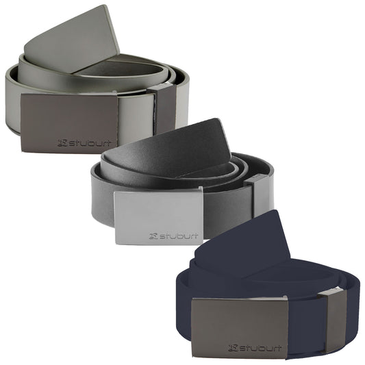 Stuburt Mens Golf Belt SBBELT1039 Three belts lie in a row showcasing different colors gray olive green and dark blue with metal rectangular buckles prominently displayed emphasizing a modern minimalist design suitable for casual or formal wear.