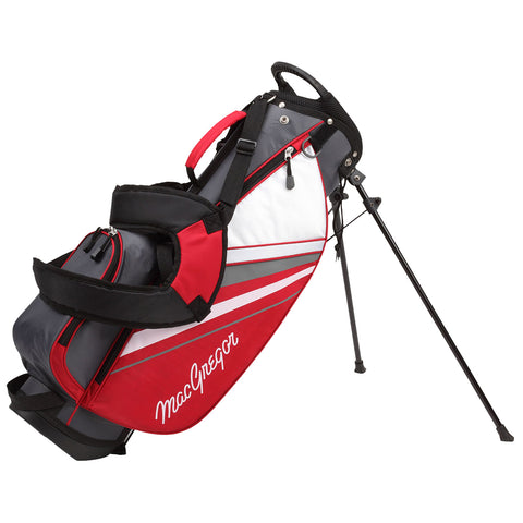 A golf bag stands upright on a three-legged support featuring red and white panels with gray accents and multiple zippered pockets for storage, set against a plain background.