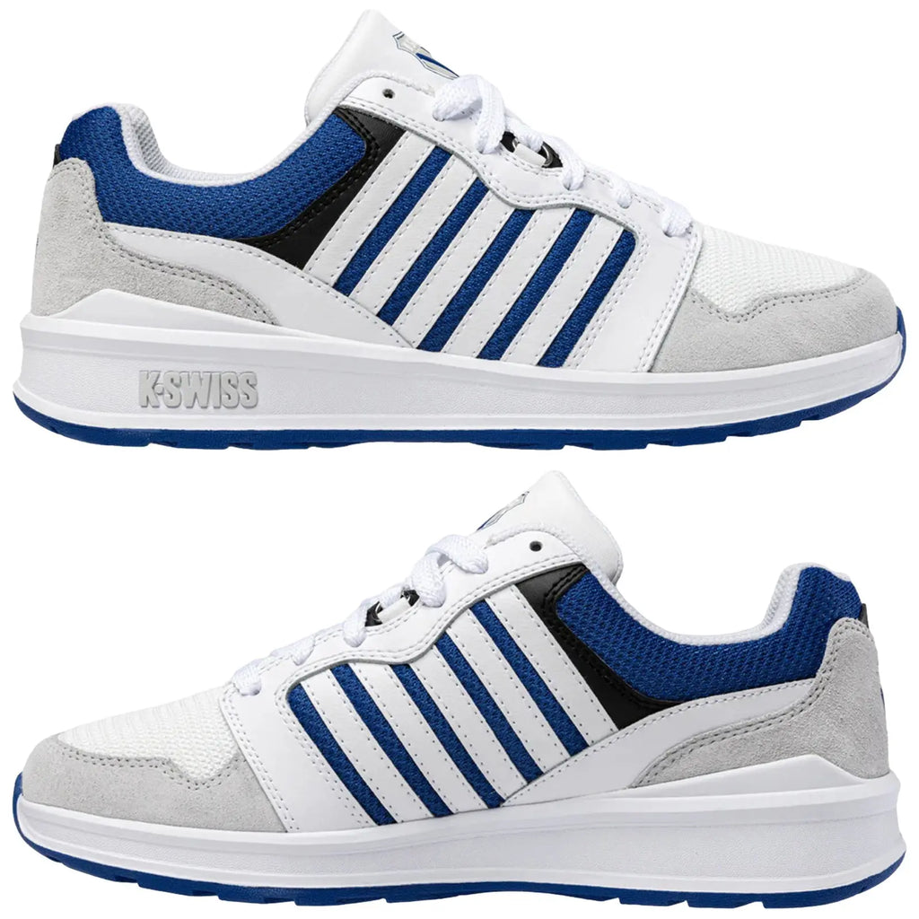 White and blue sneakers with a mesh upper and suede accents display a sleek design resting upright against a plain background. The sneakers feature prominent branding and striped details.