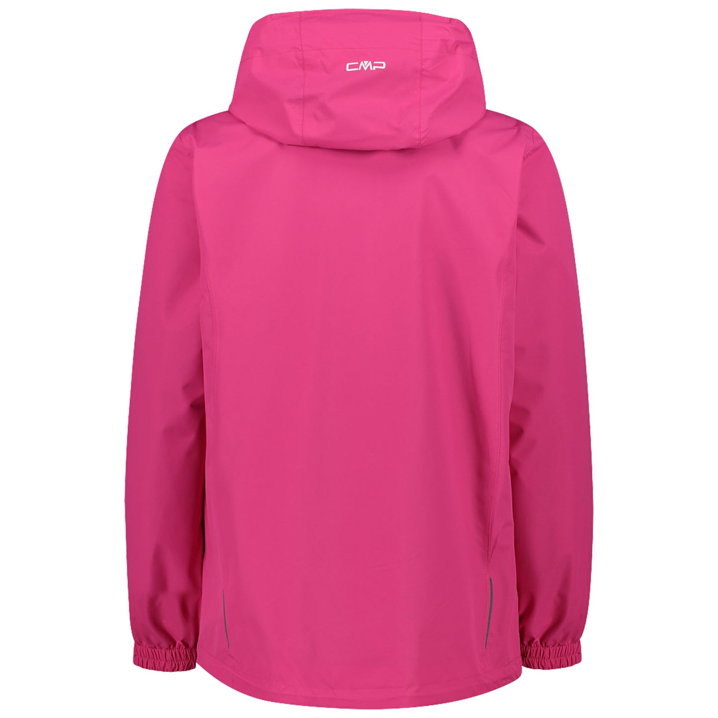 A bright pink rain jacket hangs vertically featuring a hood with elastic cuffs and a simple design suitable for outdoor activities in wet conditions.