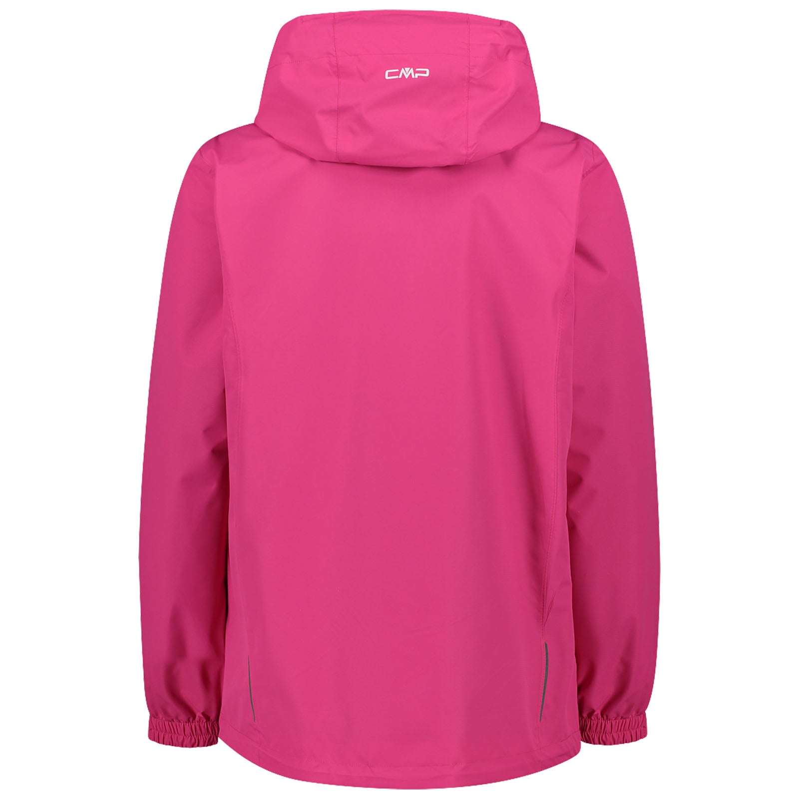 A bright pink rain jacket hangs vertically featuring a hood with elastic cuffs and a simple design suitable for outdoor activities in wet conditions.