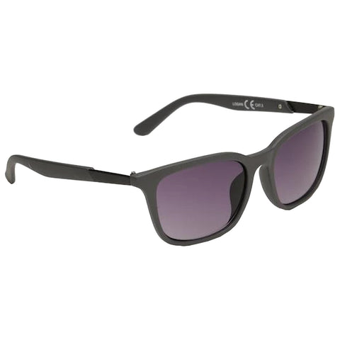 Gray sunglasses are resting on a surface with dark lenses tinted from top to bottom designed to reduce glare suitable for bright outdoor environments