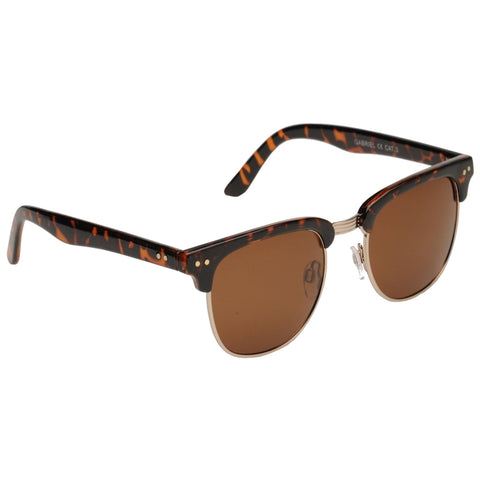 Sunglasses with a tortoiseshell frame and brown lenses rest in a neutral space featuring a classic design that merges style and practicality suitable for sunny environments.
