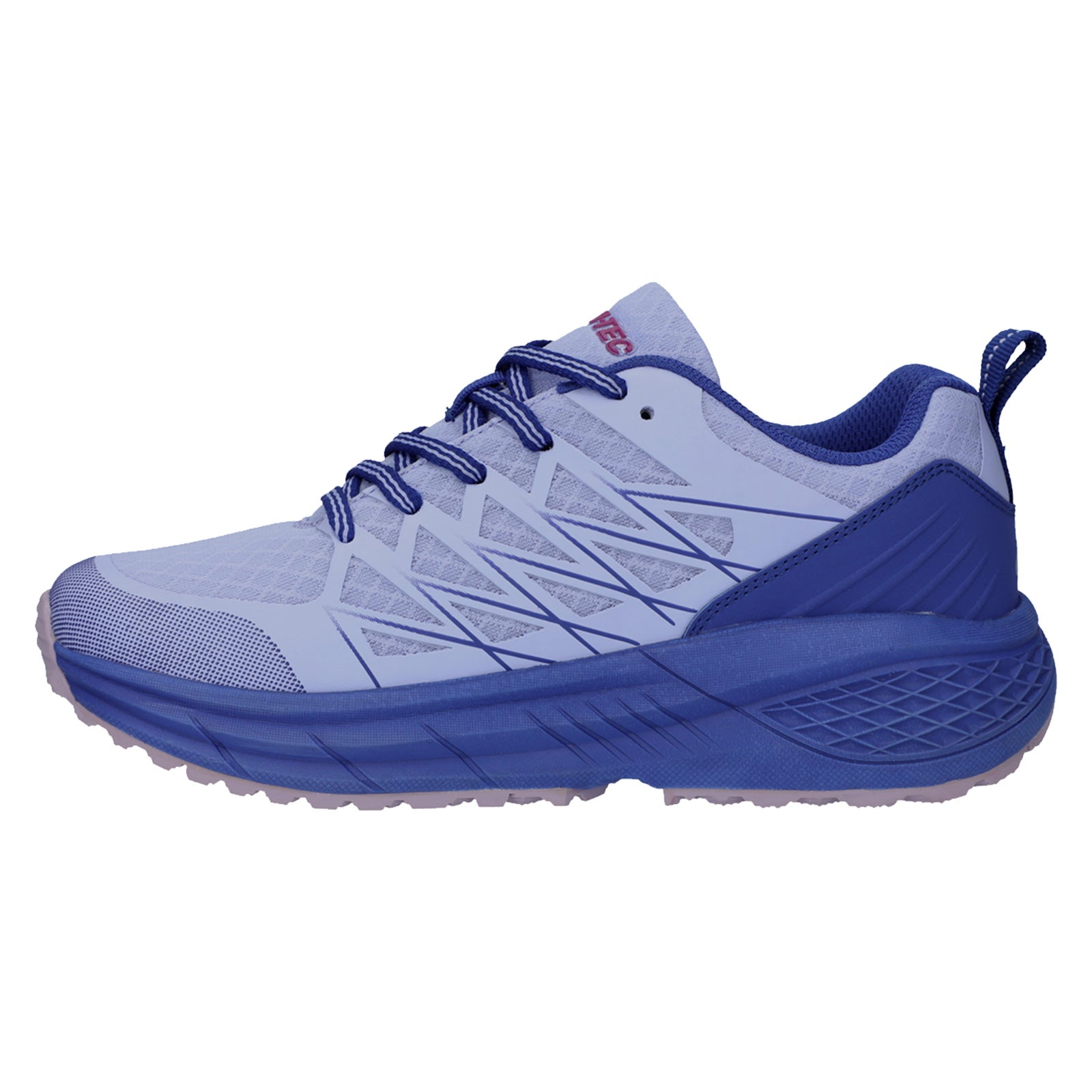 A blue and white athletic shoe is prominently displayed with a textured upper and a thick sole designed for support showcasing a modern sporty design suitable for running or walking.