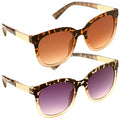 Two pairs of stylish sunglasses are stacked with the top pair featuring brown gradient lenses and the bottom pair has purple gradient lenses both have a tortoiseshell pattern and gold accents.