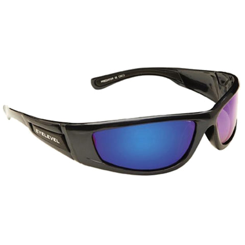 Black sunglasses with blue and purple tinted lenses sit against a plain background designed for protection against sunlight or glare typically used during outdoor activities