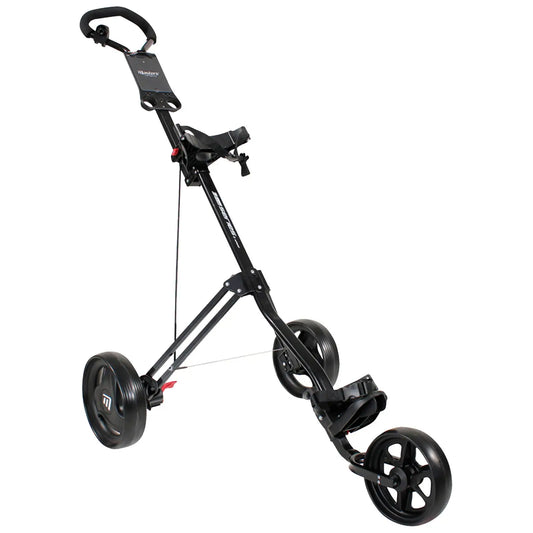 A black golf push cart stands upright with three wheels. It holds a golf bag in a designated seat while the handle is positioned for easy maneuverability on a golf course.
