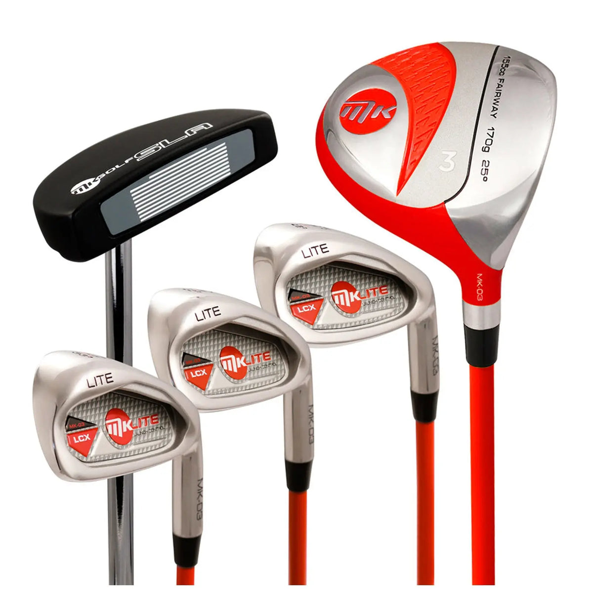 A set of golf clubs is displayed including a black putter and a red and silver fairway wood alongside three iron clubs. The clubs have a modern design with branding.