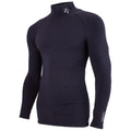 A black long-sleeve thermal shirt is displayed standing upright featuring a high neck and snug fit showcasing its sleek design intended for warmth and comfort during cold weather activities.