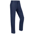Navy blue trousers are displayed standing upright showcasing a straight leg cut and a flat front design in a neutral background without any visible text or additional elements.