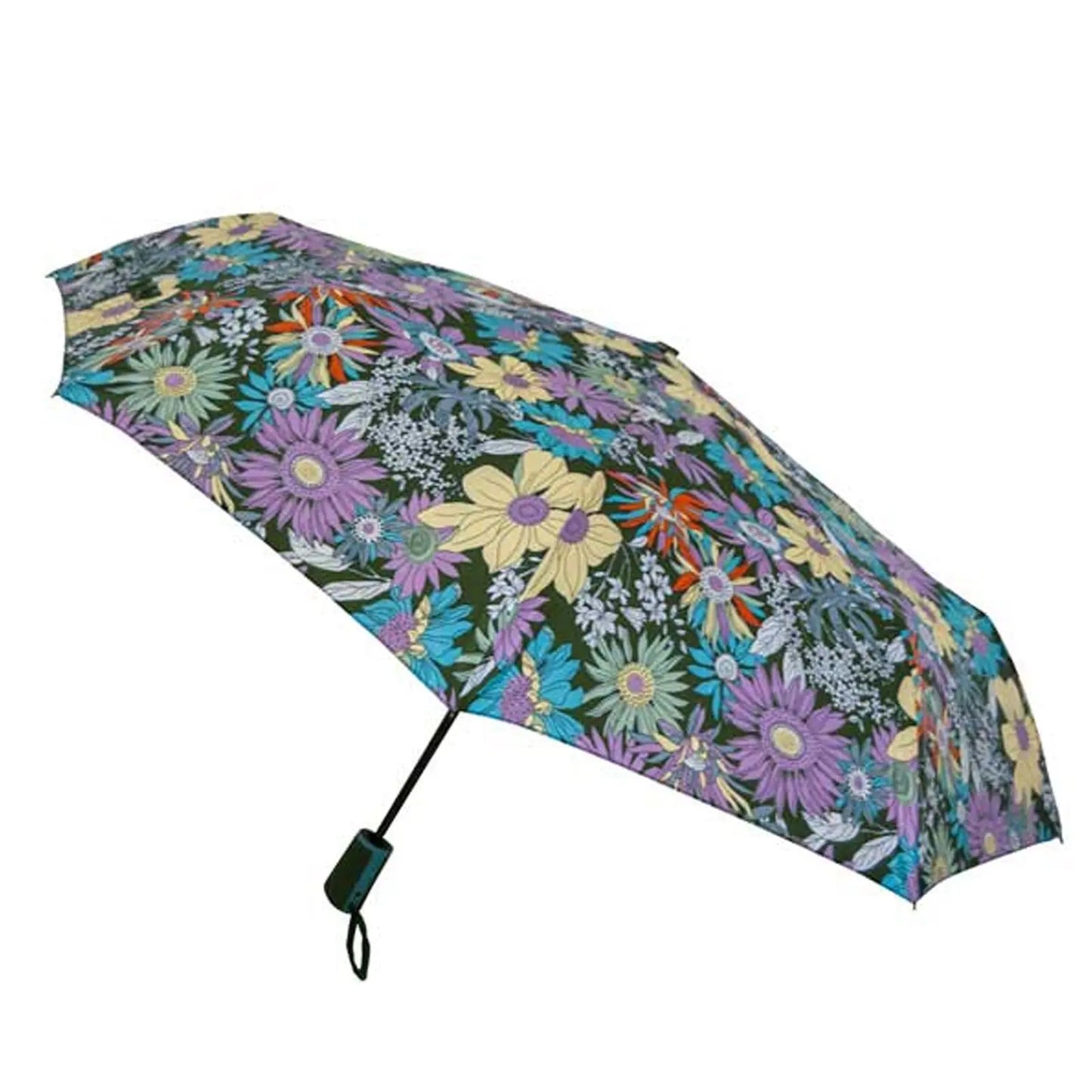 A floral umbrella with a vibrant design featuring various flowers opens up against a plain background providing shade or protection from rain in potential outdoor settings.