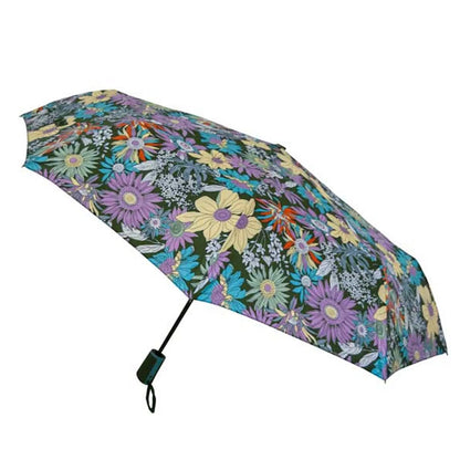 A floral umbrella with a vibrant design featuring various flowers opens up against a plain background providing shade or protection from rain in potential outdoor settings.