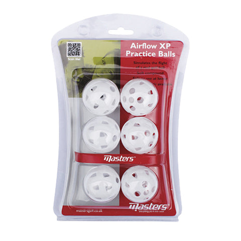 Six white practice balls are packaged together. They are designed for golf practice, simulating ball flight. The package includes branding and product information, emphasizing their suitability for home use.