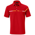 A red polo shirt with a collar features a buttoned placket and contrasting horizontal stripes in yellow and white across the chest, presented against a plain background.