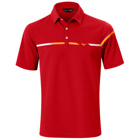 A red polo shirt with a collar features a buttoned placket and contrasting horizontal stripes in yellow and white across the chest, presented against a plain background.