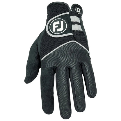A black golf glove features a textured palm for grip and is designed with an adjustable wrist. It is displayed against a plain background highlighting its functional design.
