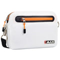A white crossbody bag features a top zipper with an orange pull tab and a black trim. It has a logo on the side and a detachable strap for carrying.