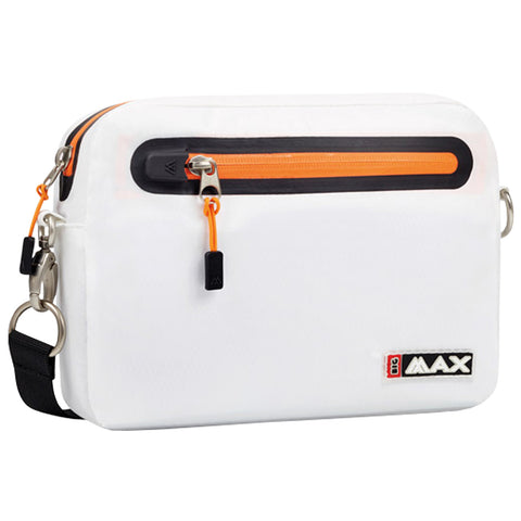 A white crossbody bag features a top zipper with an orange pull tab and a black trim. It has a logo on the side and a detachable strap for carrying.