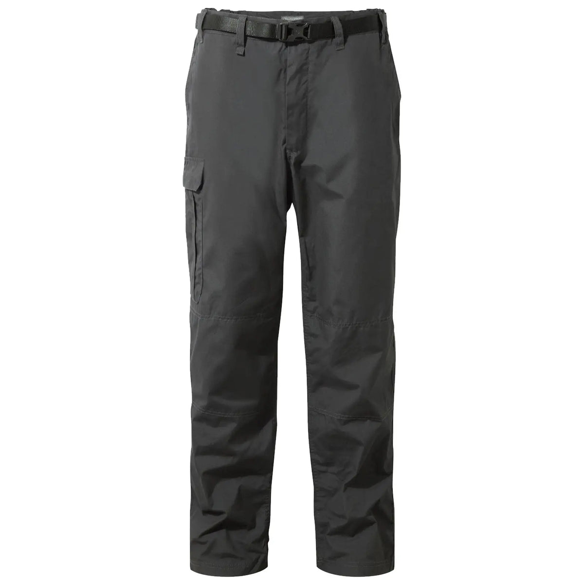 Black cargo pants with a belt feature side pockets and are hemmed at the ankles designed for outdoor or casual wear displayed against a plain white background